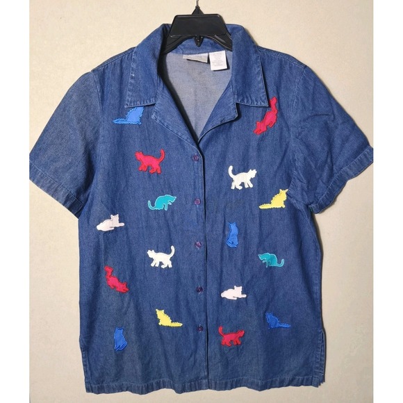 Blair Tops - Vintage Denim Button Up Shirt Colorful Embroidered Cats Animal Print Short Large
